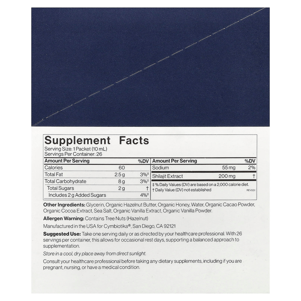 Cymbiotika, жидкий комплекс с мумие, фундук и какао, 26 пакетиков в жидкой форме, по 10 мл (0,3 жидк. унции)