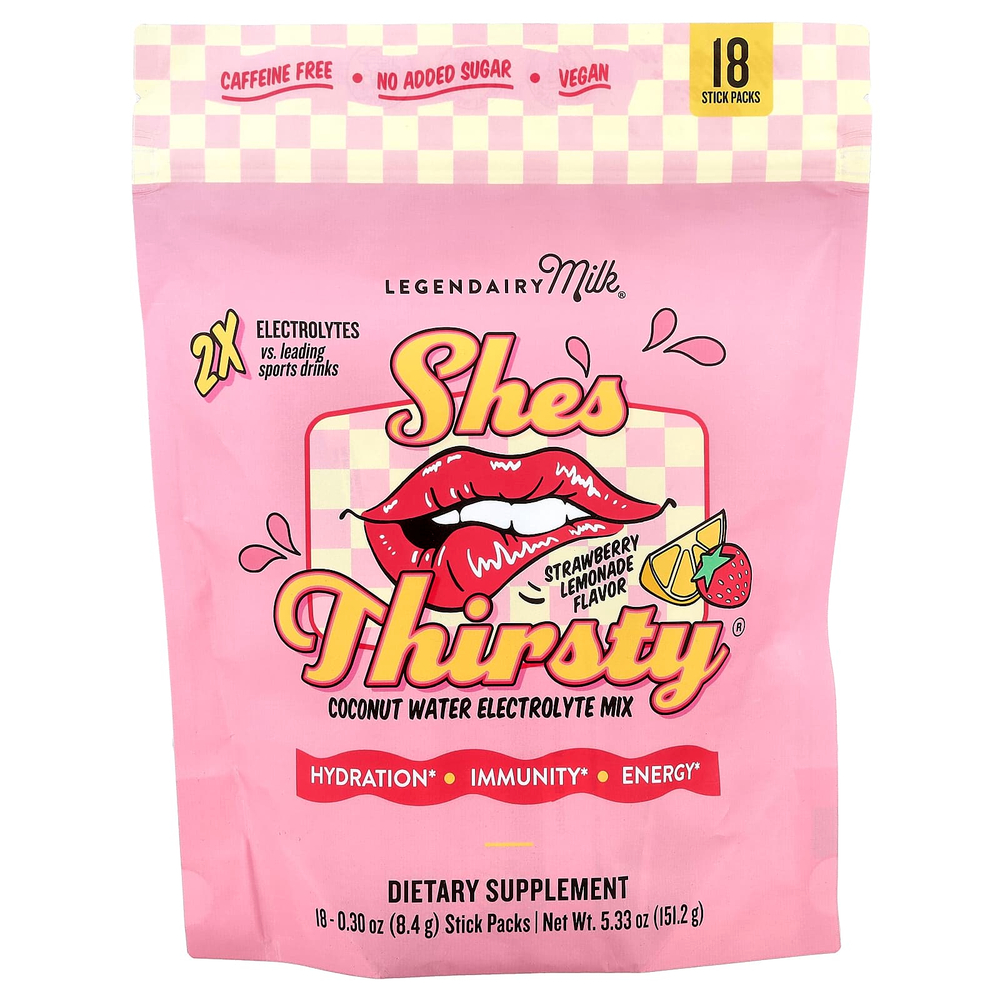 Legendairy Milk, She's Thirsty®, смесь электролитов с кокосовой водой, со вкусом клубничного лимонада, 18 стиков по 8,4 г (0,30 унции)