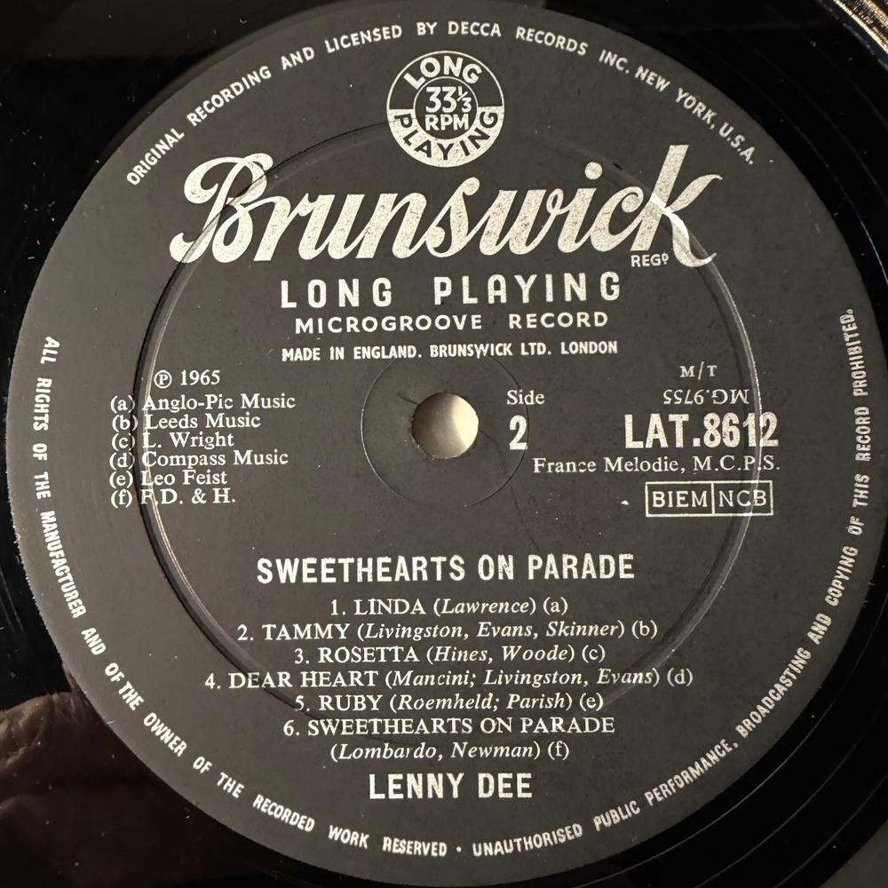 Lenny Dee ‎– Sweethearts On Parade (Англия 1965г.)