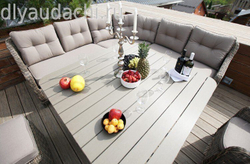Угловой комплект дачной мебели из искусственного ротанга СОРРЕНТО обеденная группа ( подушки темно-серые)