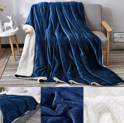 Плед двуспалка Темно-Голубой с белым Барашка Велюр-Плюш 200х230