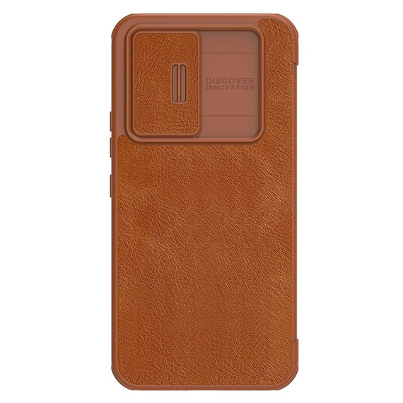 Кожаный чехол книжка коричневого цвета от Nillkin для Samsung Galaxy A54 5G, серия Qin Pro Leather с защитной шторкой для камеры