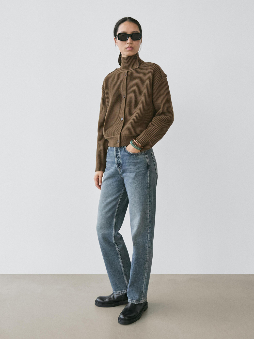 Massimo Dutti Кардиган из шерстяного трикотажа с пуговицами, хаки