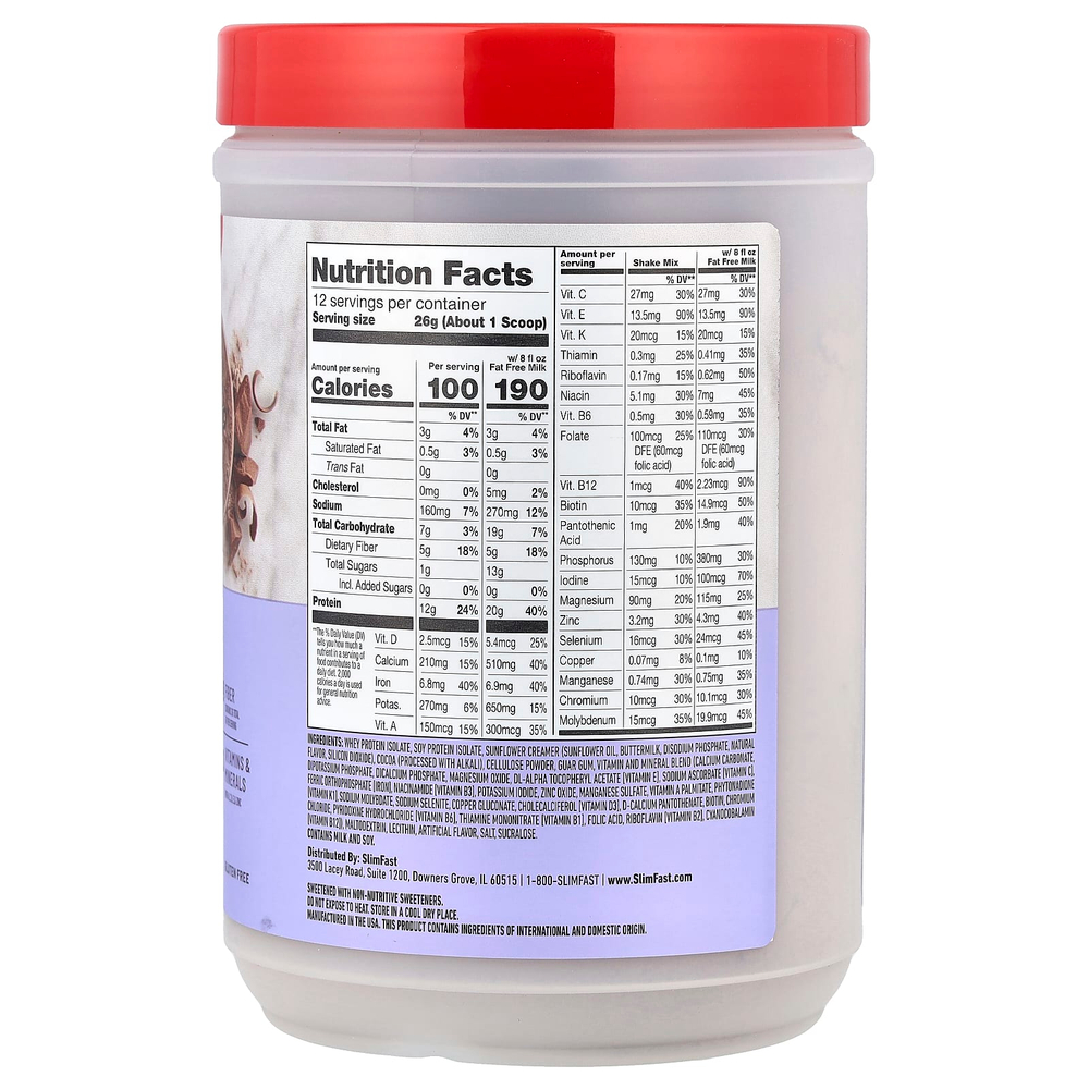 SlimFast, Смузи-заменитель с высоким содержанием протеина, сливочный шоколад, 312 г (11 унций)