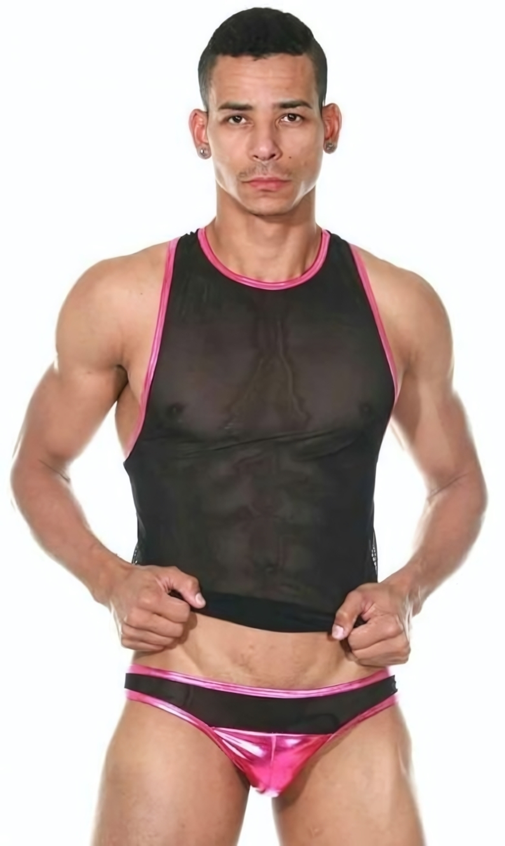 Мужской комплект белья: майка-борцовка и трусы-слипы (Размер: L-XL) (Цвет: черный с розовым)