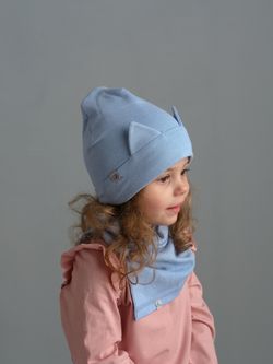 Комплект Шапка трикотажная+снуд (Голубой меланж) с ушками КИС*