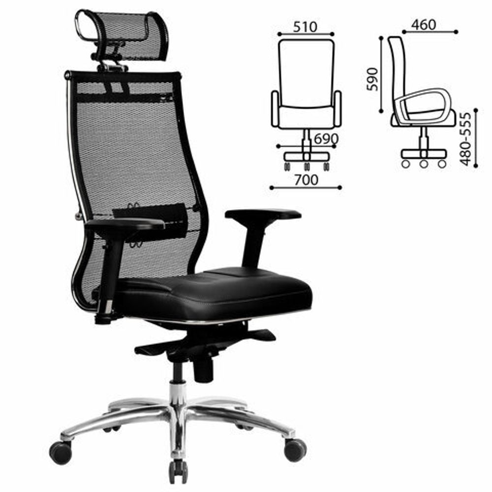 Кресло офисное МЕТТА "SAMURAI" SL-3, с подголовником, сверхпрочная ткань-сетка/экокожа, черное