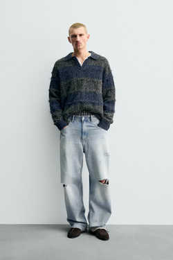 ZARA ТРИКОТАЖНОЕ ЖАККАРДОВОЕ ПОЛО В ПОЛОСКУ, АНТРАЦИТОВО-СЕРЫЙ