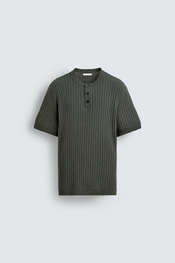 ZARA ФУТБОЛКА В РУБЧИК С ВОРОТНИКОМ ХЕНЛИ, ХАКИ