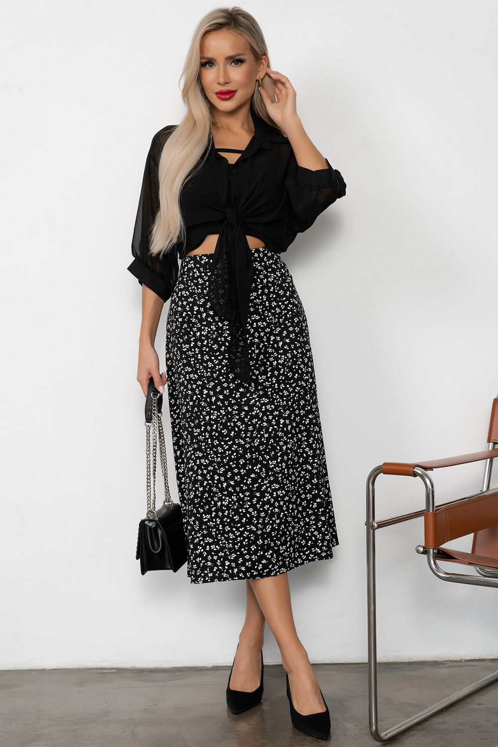 Юбка с разрезом (черный/принт) Юб11-20 Nikol