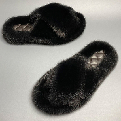 Шлепанцы из норки с шлейками | Черный