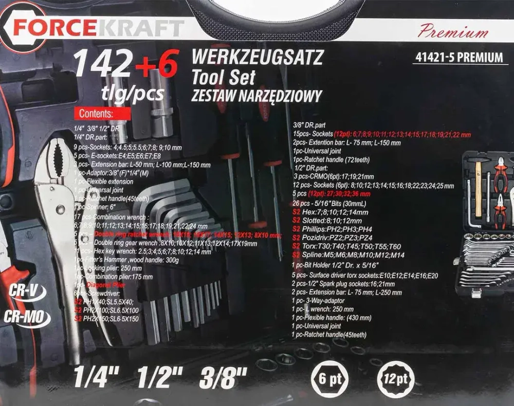 Набор инструментов 142+6пр. 1/4''3/8''1/2''(6-гран.)(4-36мм, 27,30,32,36-12гр.)+(ключи трещоточные:8х10,12х13,14х15,16х17,18х19мм, бокорезы-7'') FORCEKRAFT FK-41421-5 PREMIUM