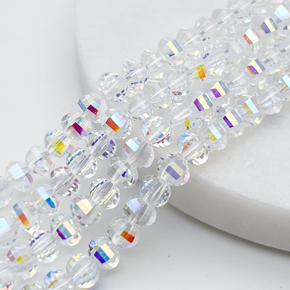 Бусины стекло, цвет прозрачный АВ, размер 4,5*6 мм, цена за отрезок 19 см (1/2 нити)