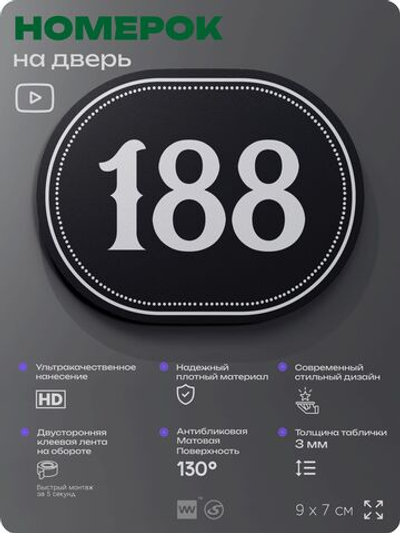 Номерок на дверь квартиры 188, для кабинета, офиса, шильдик 9 х 7 см, черный, Айдентика Технолоджи