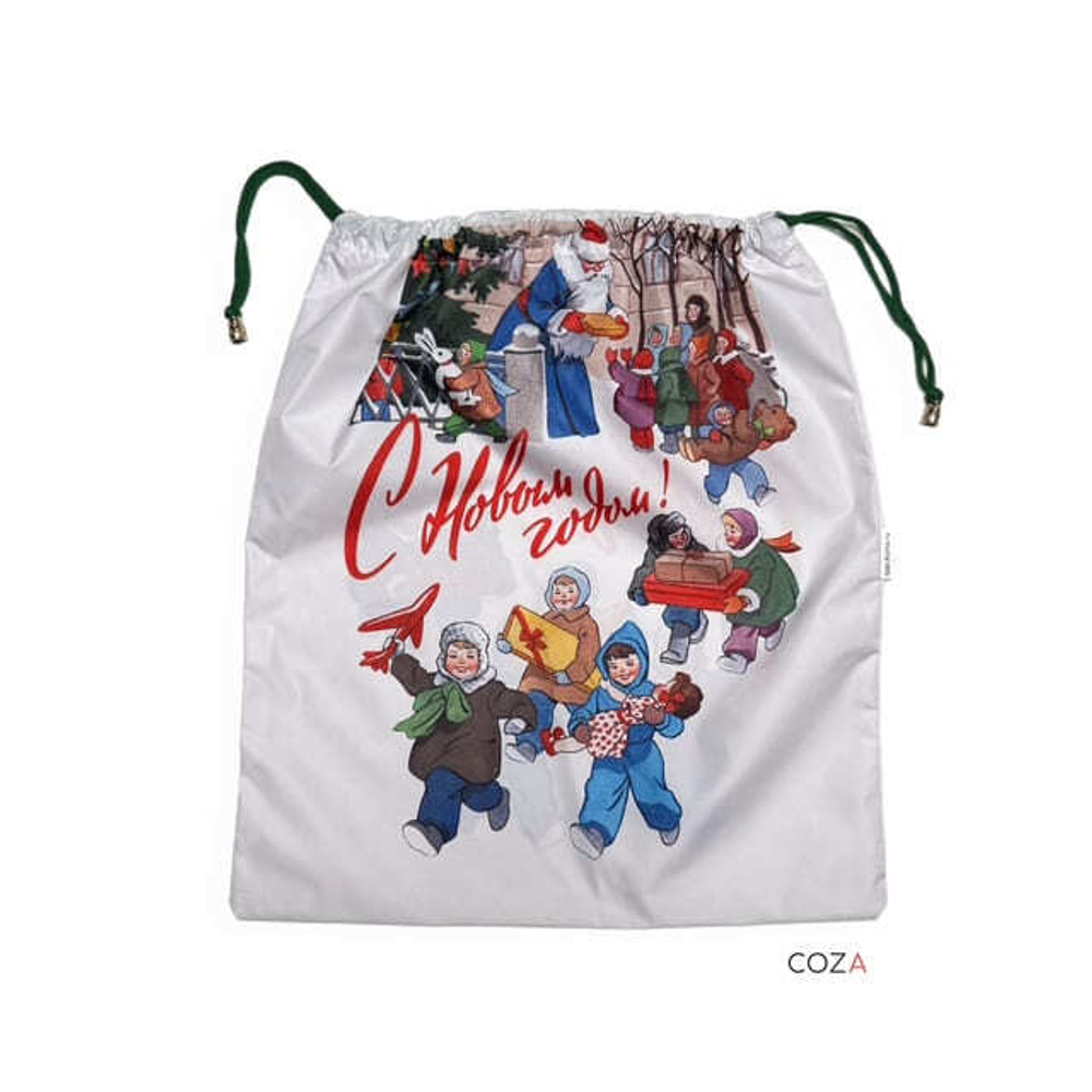 Мешок COZA для хранения вещей "Дед Мороз", чёрный фон, на шнурке, 33х37 см