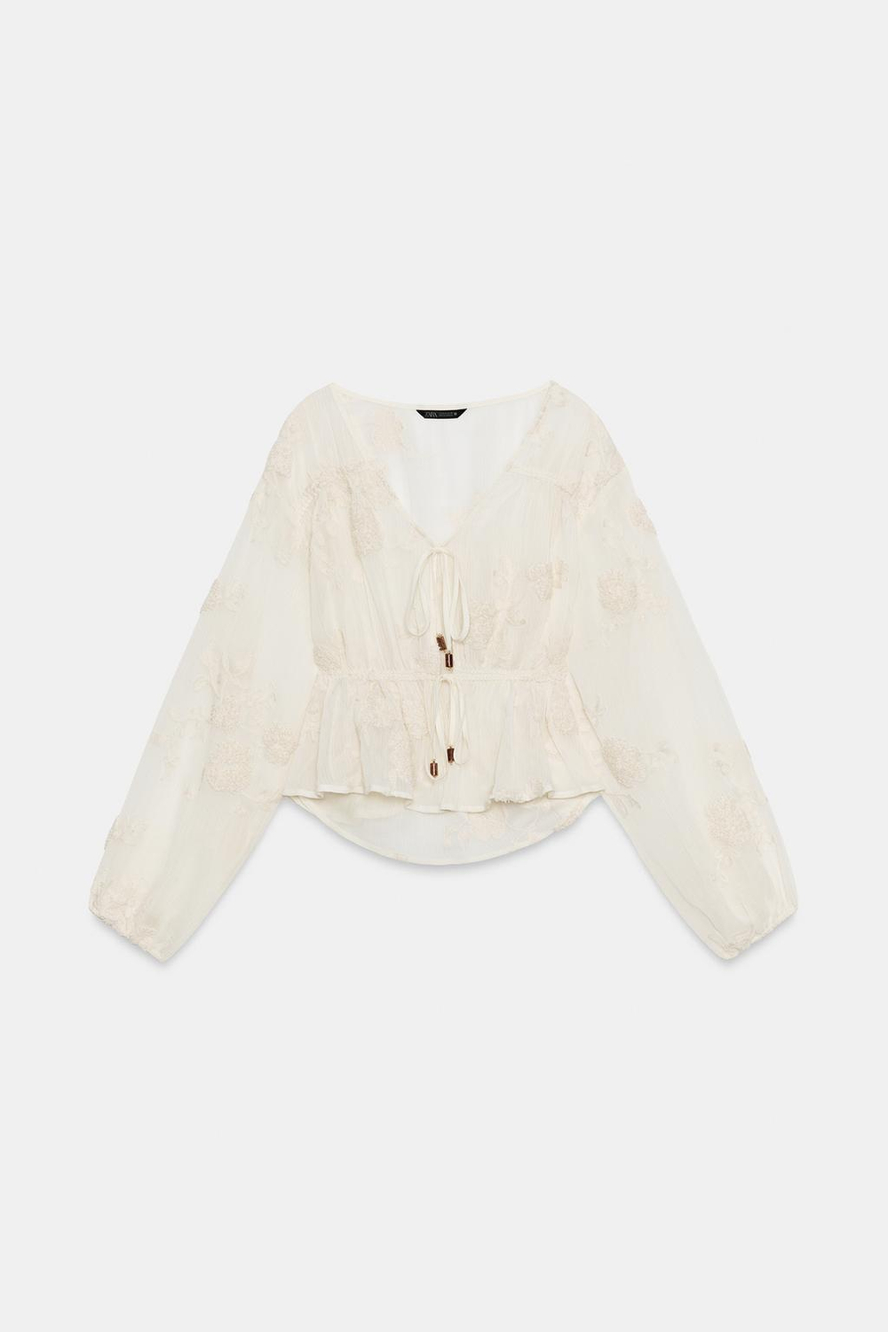 ZARA ПОЛУПРОЗРАЧНАЯ БЛУЗА С ВЫШИВКОЙ, СВЕТЛО-БЕЖЕВЫЙ