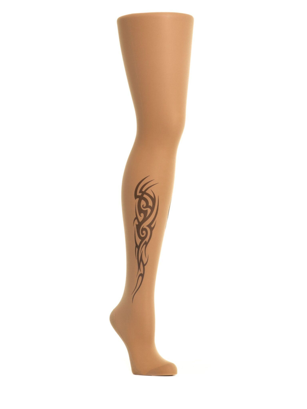 Колготки с принтом, имитирующим татуировки на правой ножке (Размер: S-M-L) (Цвет: бежевый)