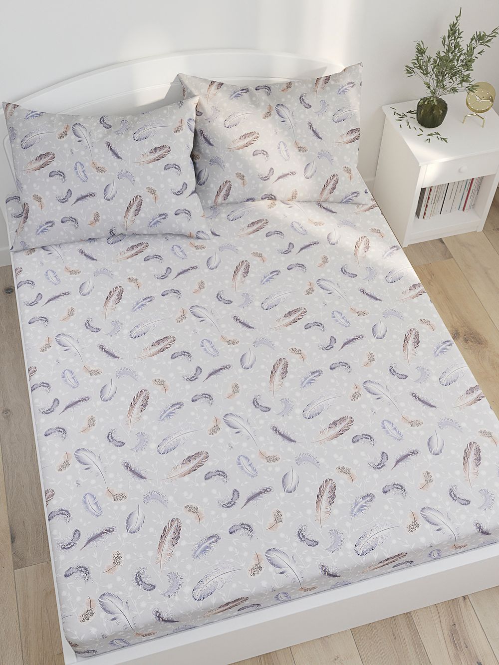 Постельное белье Сказка "Перышко" евро Наволочка 50х70 см 2 шт Простынь на резинке 180х200 см Пододеяльник 200х215 см, перкаль
