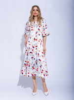 Женское дизайнерское платье белого цвета с разноцветным цветочным узором