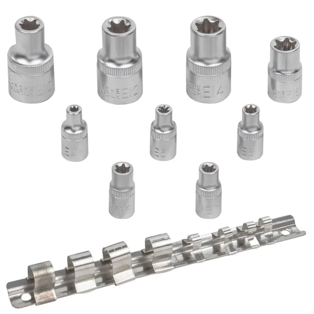 Набор головок Е-профиль 9пр., 1/4'',1/2''(Е4,5,6,7,8,10,12,14,16), на металлической планке Baum Auto##BaumAuto BM-4098(1/4",1/2")