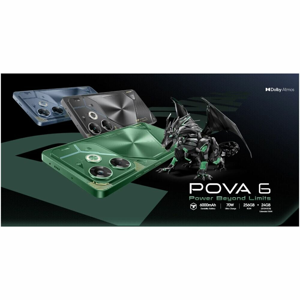 Смартфон Tecno Pova 6 8/256GB, Android 14, 120Гц, 6.8", Full HD, AMOLED, Meteorite Grey