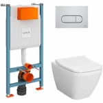 Унитаз подвесной Vitra Integra Square 9856B003-7207 безободковый с инсталляцией, с крышкой микролифт, кнопка хром