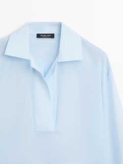 Massimo Dutti Рубашка свободного кроя из 100% хлопка с контрастным воротом, небесно-голубой