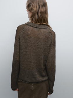 Massimo Dutti Свитер из 100% льна с воротником поло, зеленый