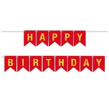 Гирлянда Флажки, Happy Birthday, Красный/Золото, Металлик, 500 см, 16*12 см.