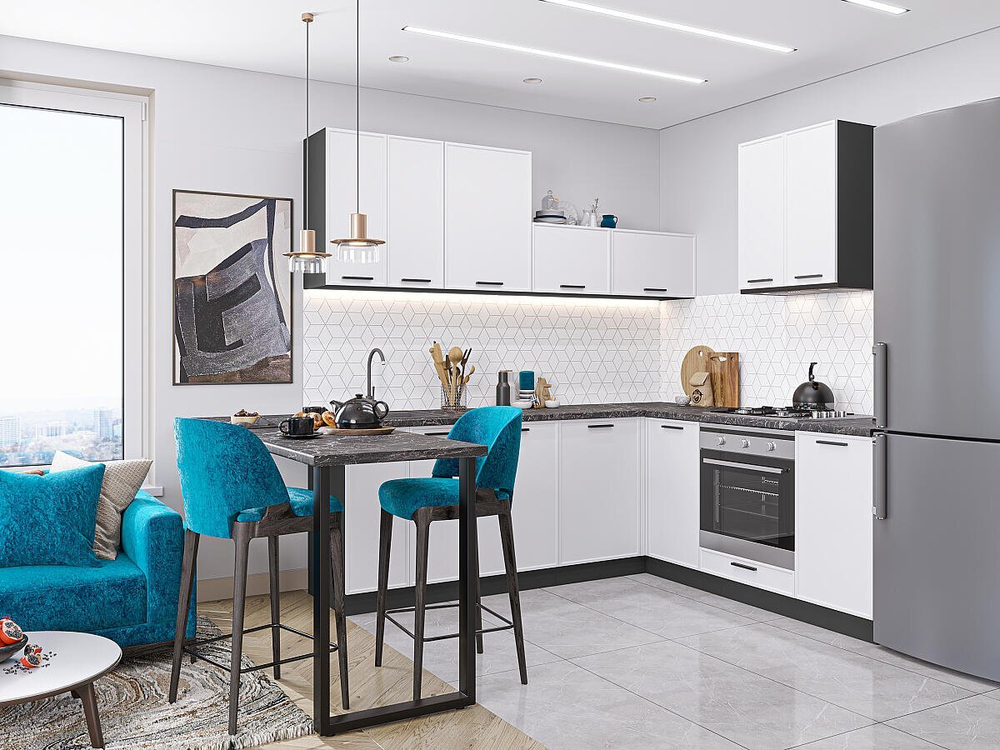 Угловая модульная кухня Фрейм-03 White Silk - Graphite 2140*2200/2000*600