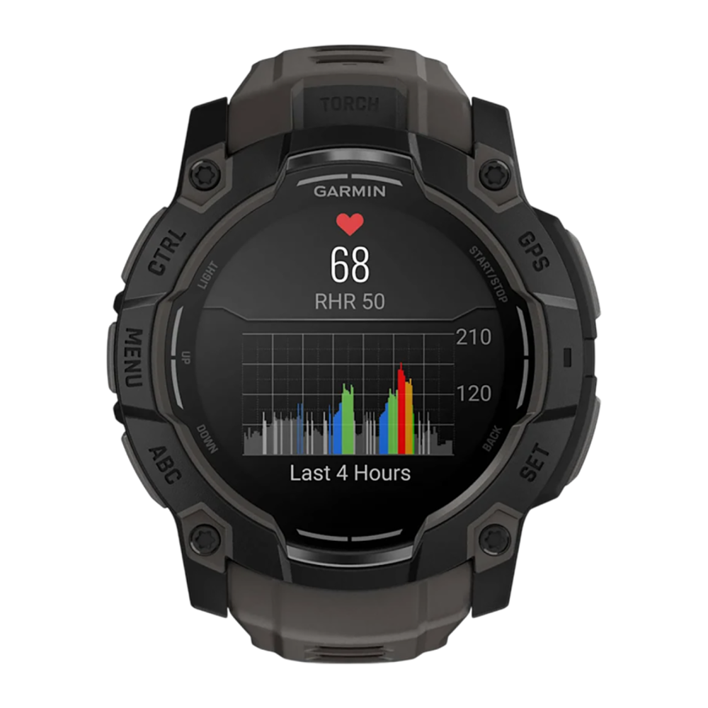 Спортивные часы Garmin Instinct 3, 50 мм, AMOLED, силиконовый ремешок угольного цвета Чёрный безель, AMOLED-дисплей. Ремешок с классической застёжкой — на запястье обхватом 141–213 мм