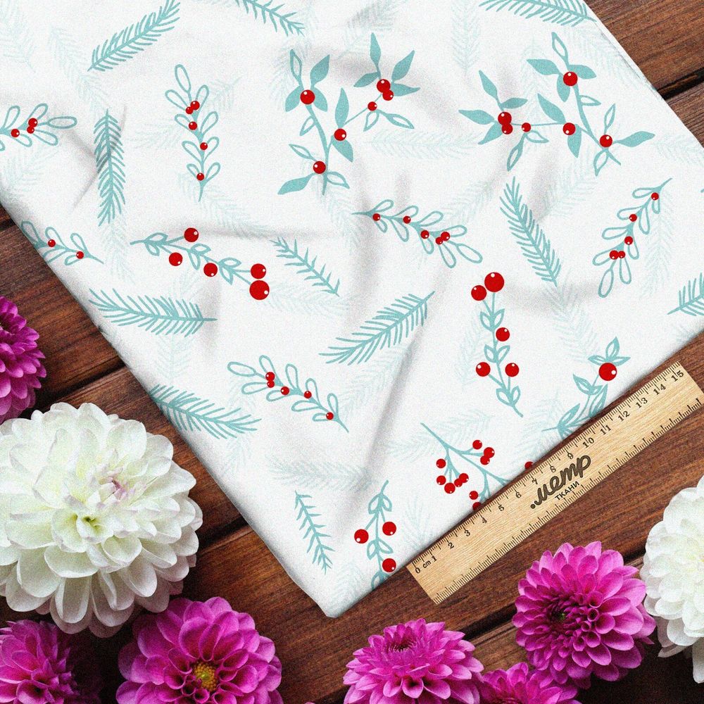 Ткань футер 2-х нитка прозрачные веточки с клюквой