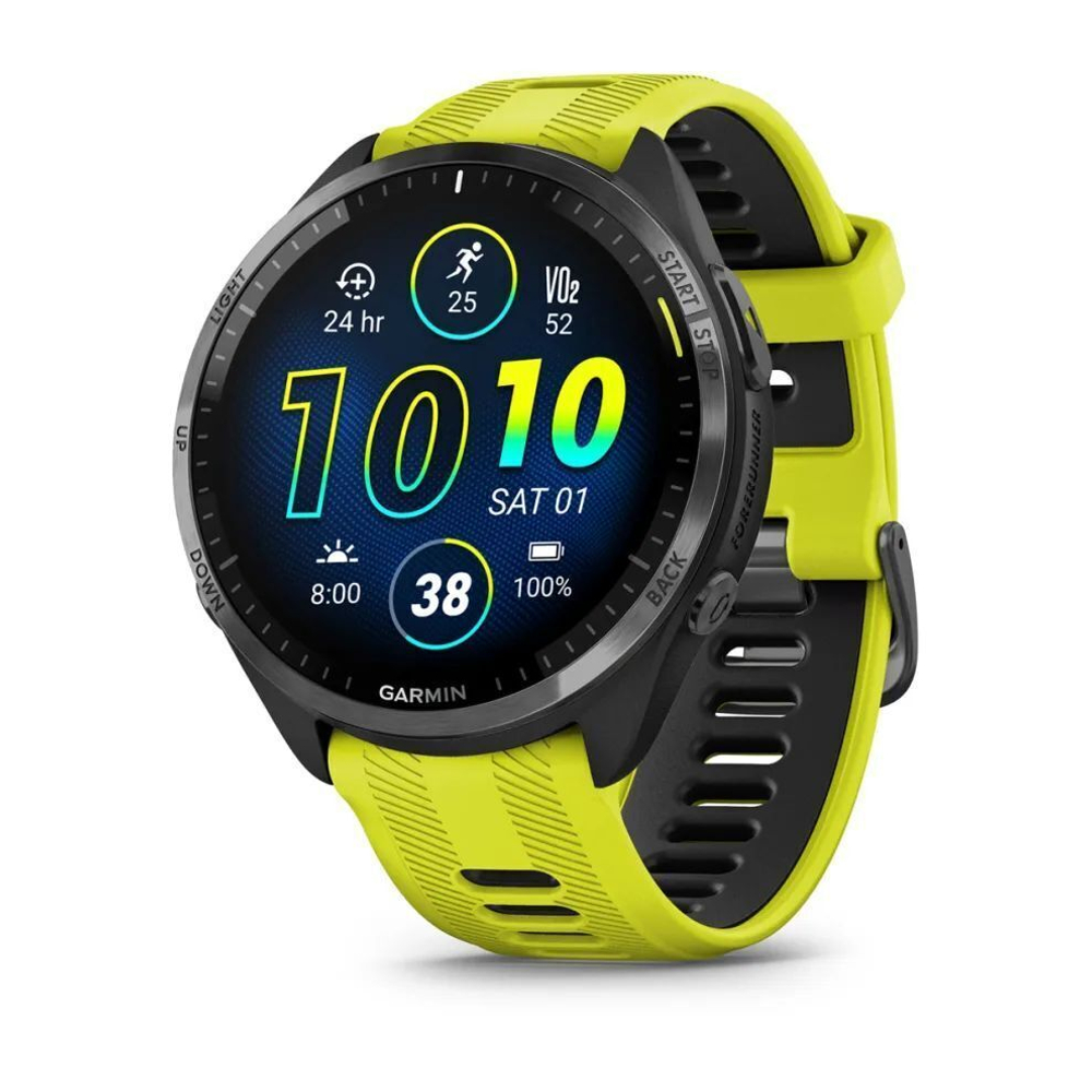 Часы Garmin FORERUNNER 965 черные, темно-серый DLC титановый безель, с желто-черным ремешком, 010-02809-12