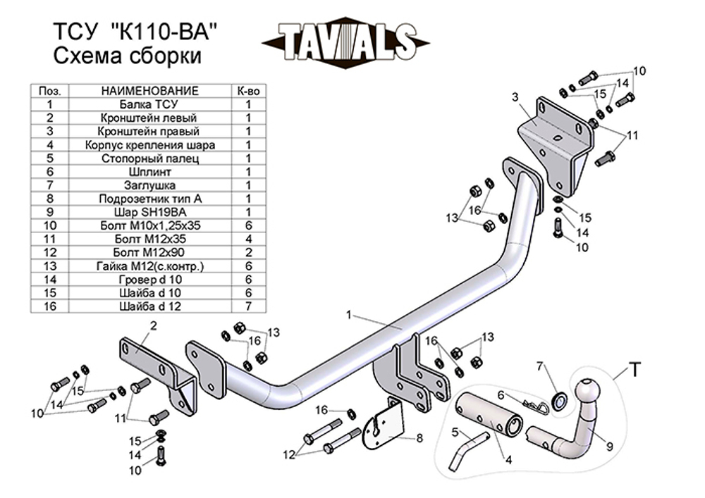 Фаркоп(прицепное) Tavials для KIA CEE'D(ED) (хетчбек) 2007-2012/HYUNDAI I 30 (FD) 2007-2012 (С БЫСТРОСЪЕМНЫМ ШАРОМ)(паспорт и сертификат в комплекте)(без электрики)T-K110-BA