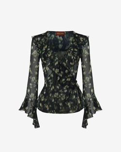 Блуза из принтованного шифона с воланами и завязками