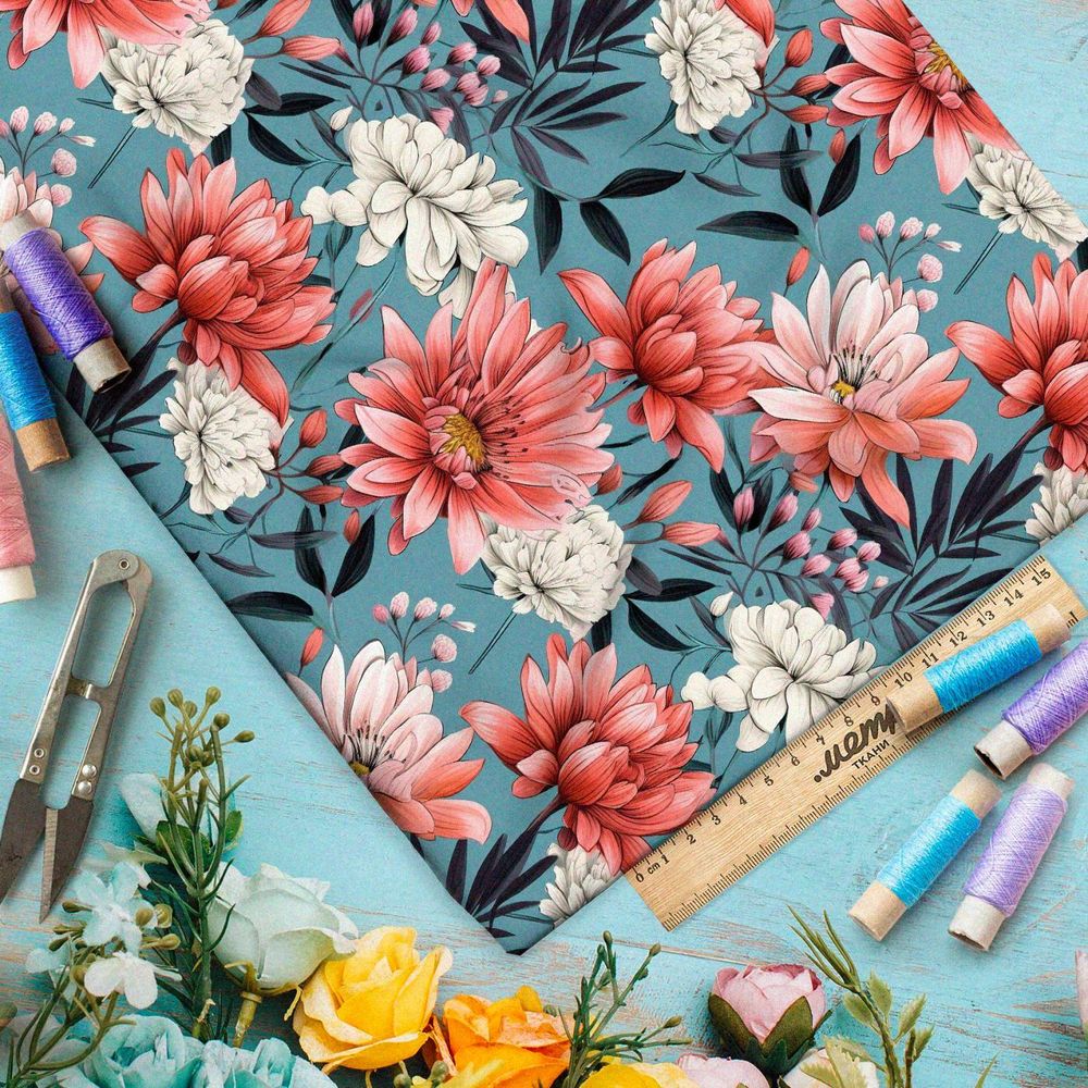 Ткань премиум сатин цветы на темно-голубом