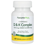 NaturesPlus, жевательный комплекс D и K, ягодное ассорти, 60 таблеток