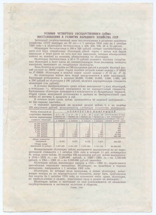 Облигация 100 рублей 1949 год. 4-ый заем восстановления и развития народного хозяйства. Серия № 063493. VF