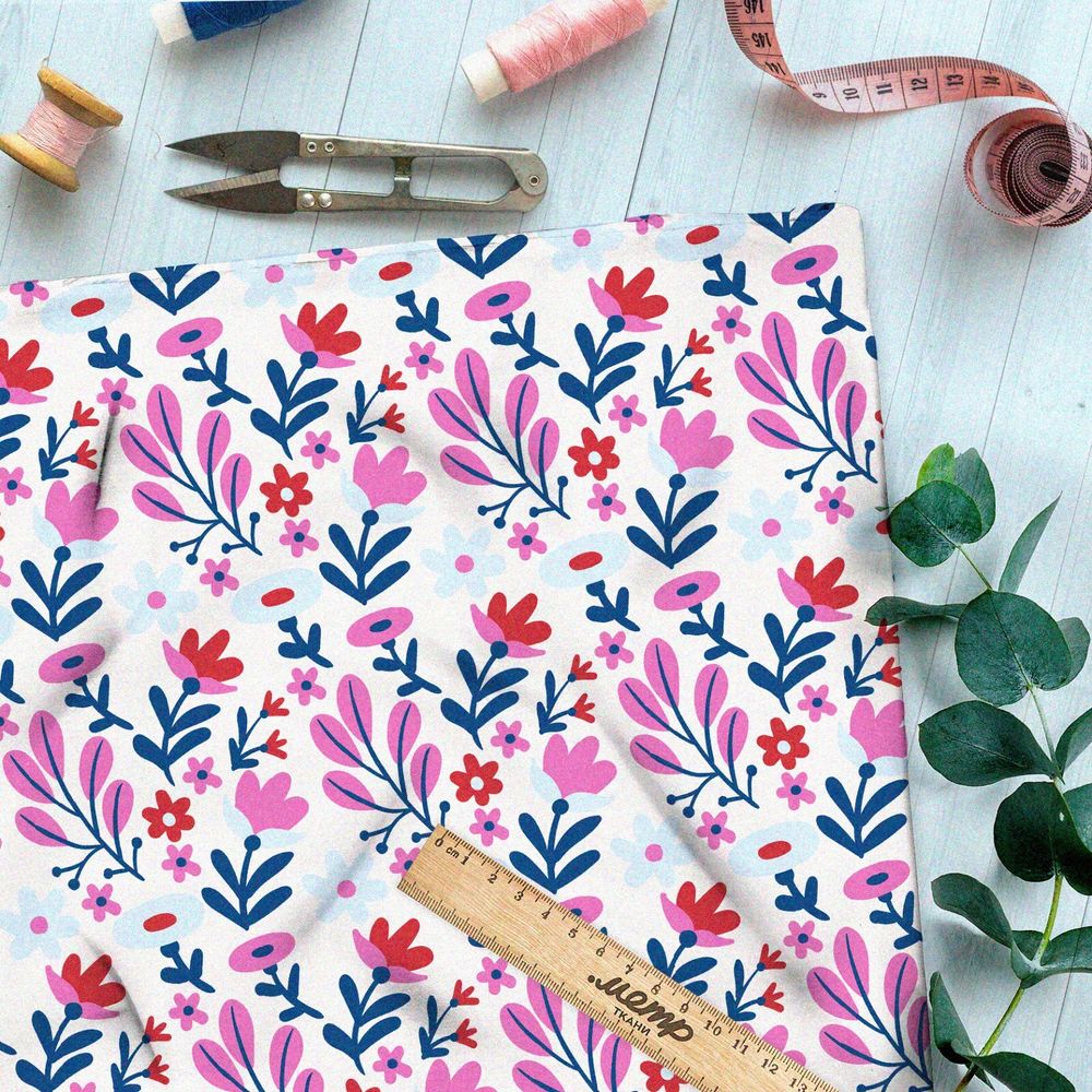 Ткань лён розовое полевые цветы на бежевом фоне