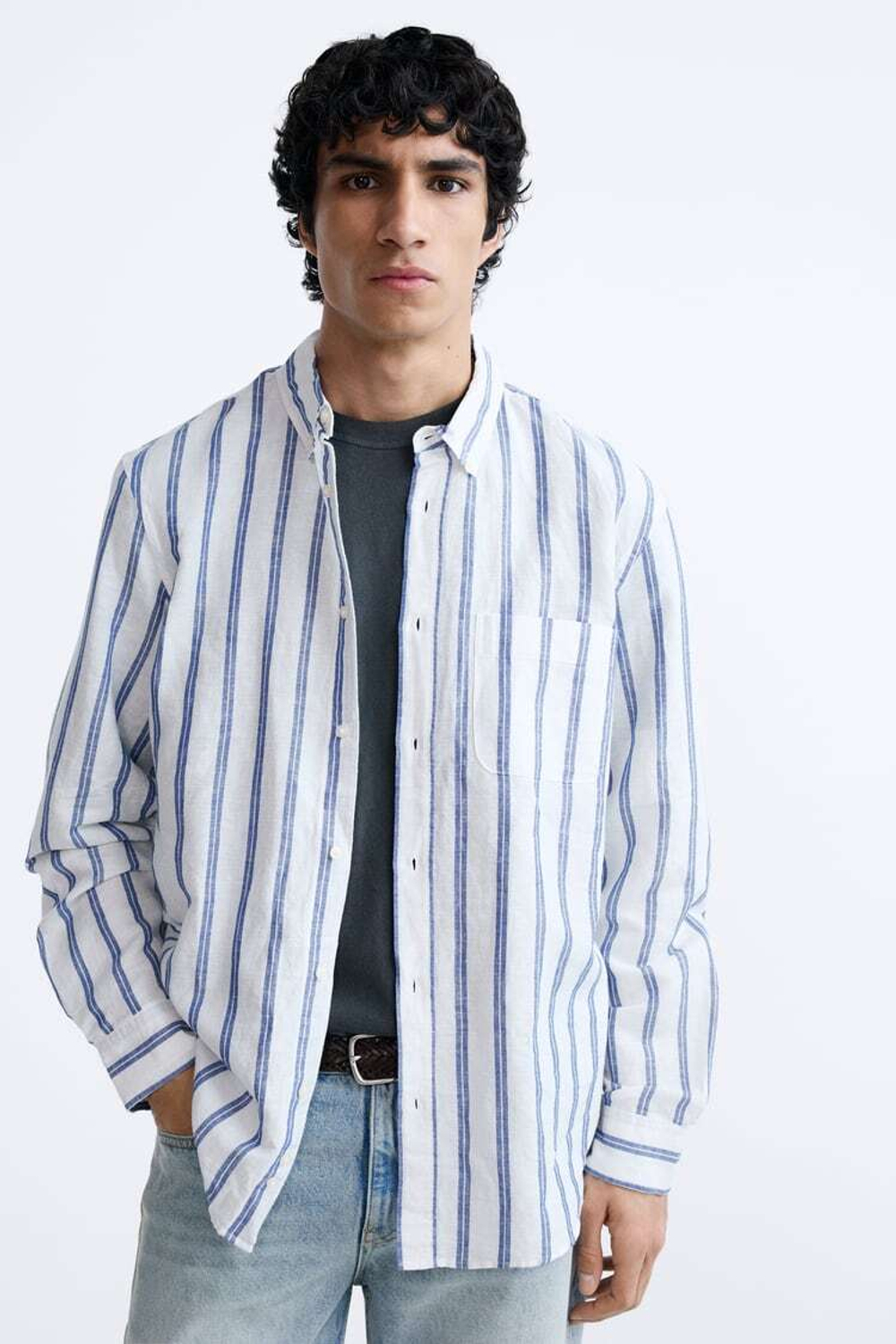 ZARA РУБАШКА ИЗ СМЕСОВОГО ЛЬНА, БЕЛЫЙ/МОРСКОЙ СИНИЙ