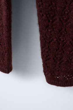 ZARA ТРИКОТАЖНЫЙ КОМБИНЕЗОН С АЖУРНЫМ УЗОРОМ И КАШЕМИРОМ ,БАКЛАЖАННЫЙ