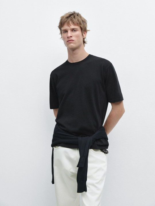 Massimo Dutti Хлопковая футболка с коротким рукавом, темно-синий