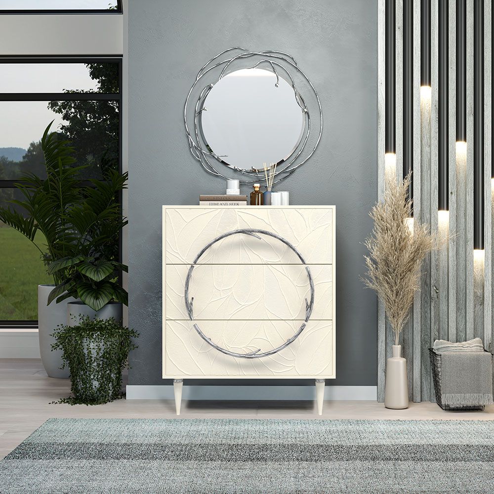 Комод Арт Колор leaves Классик Сильвер с 3 ящиками Кремовый белый