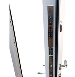 Входная металлическая дверь с зеркалом  RеX (РЕКС) 27 Белая шагрень, декоративная вставка / ФЛ 147 Белый ясень