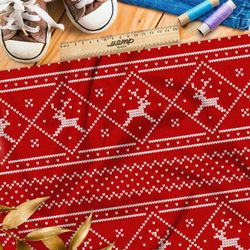 Ткань габардин мелкая белая вышивка с оленями на красном фоне