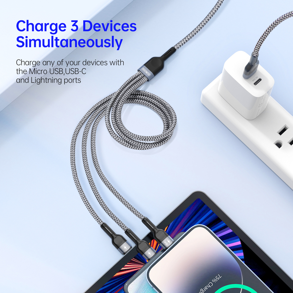 Кабель 3 в 1 в тканевой оплетке черного цвета от Duzzona с разъемами Type C, Lightning и Micro USB, серия A3 Cable, длина 1,3м