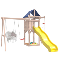 Детская площадка неокрашенная с качелями лодочка и подвесным креслом с подушкой IgroWoods для улицы и дачи