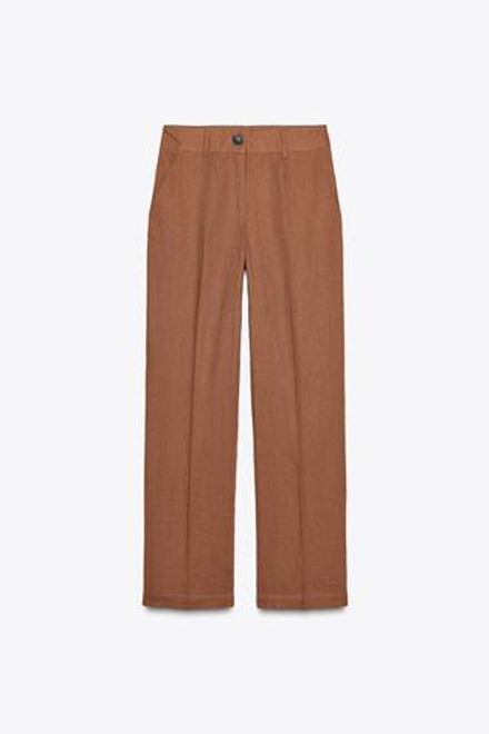 ZARA БРЮКИ ПРЯМОГО КРОЯ ИЗ СМЕСОВОГО ЛЬНА, ТЕРРАКОТОВЫЙ