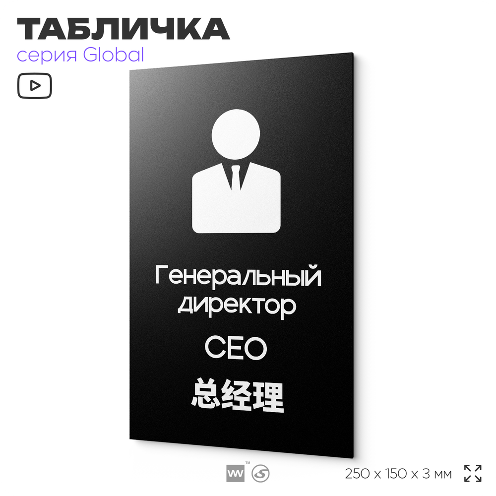 Табличка Генеральный директор, на дверь и стену, информационная и мультиязычная (русский, английский, китайский), серия GLOBAL, 25х15 см, Айдентика Технолоджи