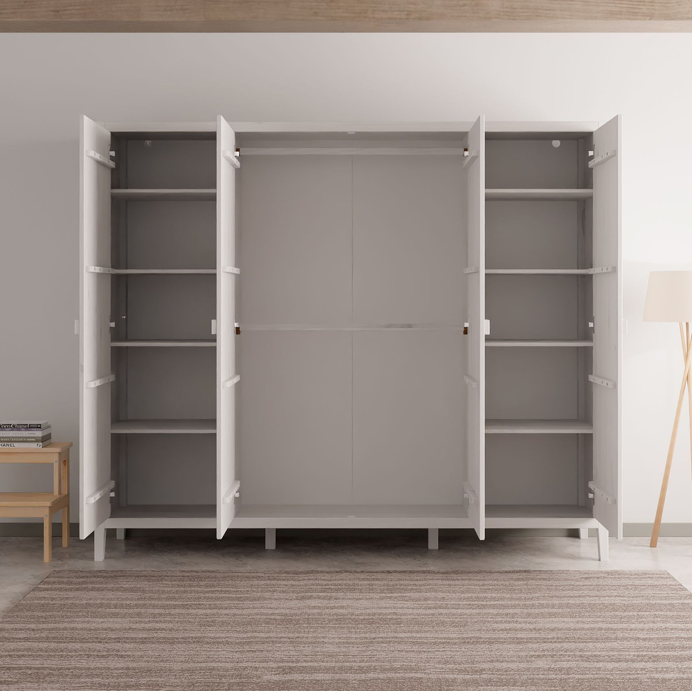 Dipriz Шкаф для одежды Карлос из сосны, 4 двери, 202х50х173, со штангами и полками, белый воск